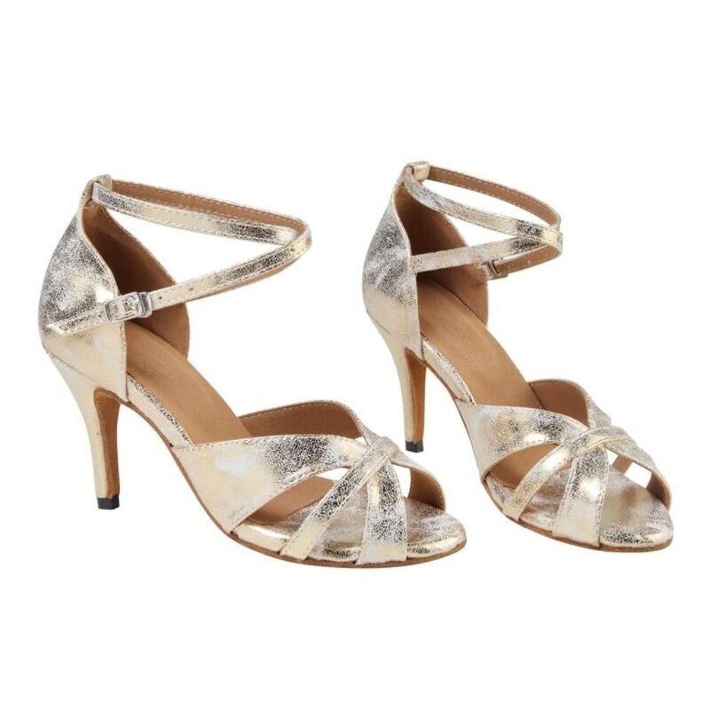 Gold Leatherette 2.1" Cuban Heel US 7-7.5 Latin Shoes Ballroom Dance Salsa